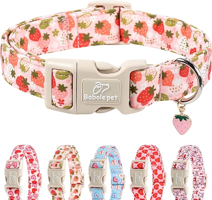 Strawberry Dog Collar for Medium Dogs - Cute Spring Pink Dog Collars, Summer Pastel Puppy Collars, Soft Adjustable Boy Girl Dogs Collar with Quick-Release Buckle M