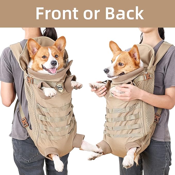 FLAdorepet Dog Carrier Tactical Backpack for Small Medium Dogs,Soft Hands-Free Legs Out Pet Front Cat Dog Carrier Backpack Travel Bag for Outdoor Traveling Hiking Camping (Large, Khaki)