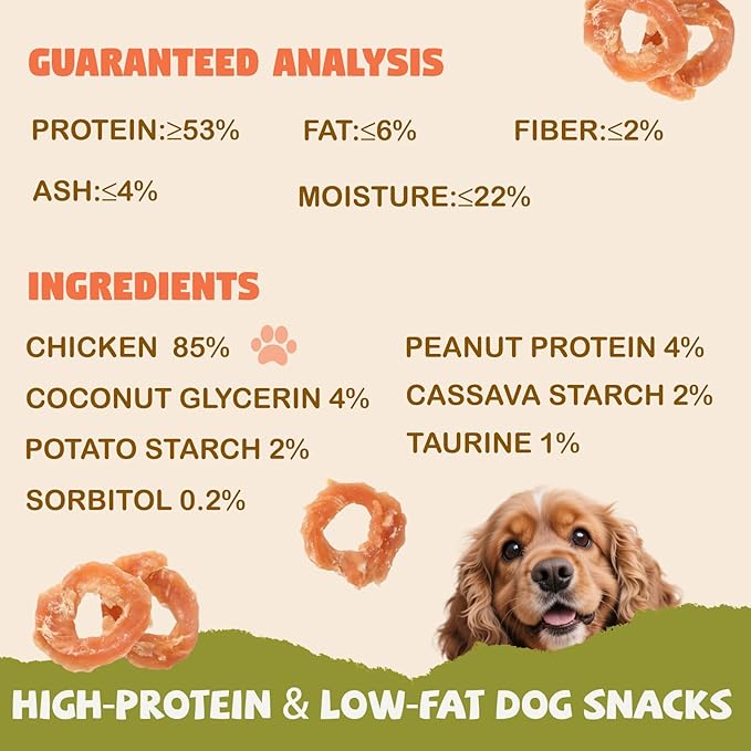 Dog Treats Chicken Jerky Rings, Natural Chicken Breast w/Taurine, Rawhide-Free High-Protein Long-Lasting Chewy Training & Rewards Dog Snacks for Small Medium Large Dogs,10.58 oz