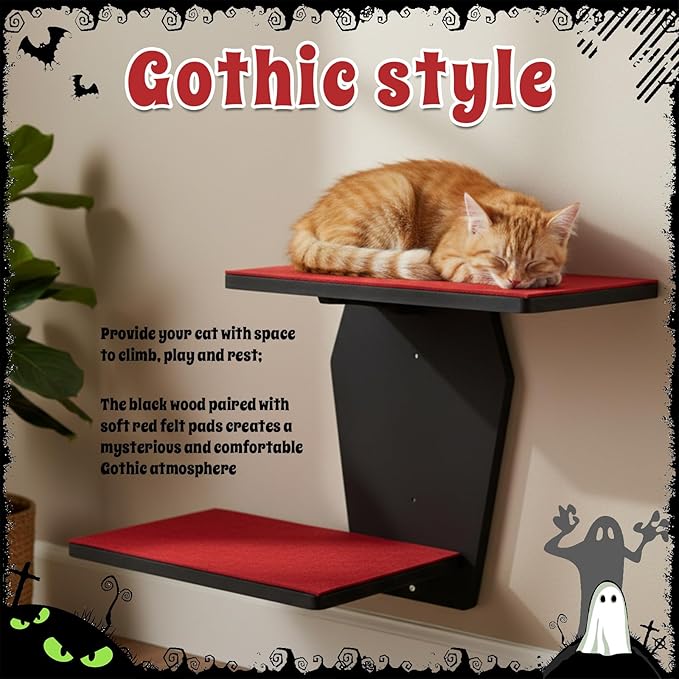 Sintuff Gothic Wall Cat Shelves Wall-Mounted 2 Platform Wall Climbing Steps Furniture Goth Floating Coffin Cat Bed Tree Space-Saving Perch Ladder for Playing Nap Indoor Gothic Christmas