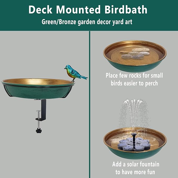 Deck Bird Bath for Outdoors, 11" Green/Bronze Metal Birdbath Bowl with Big Steel Clamp Backyard Birdbath&Bird Feeder for Railing Balcony Fence Yard Art Garden Decor
