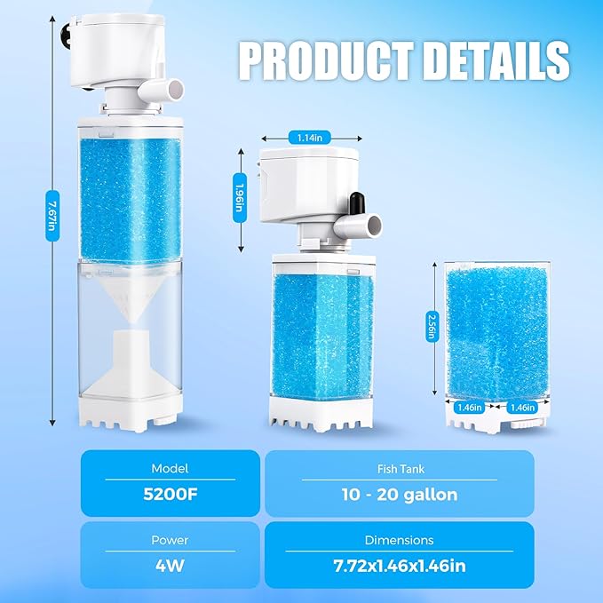 Aquarium Filter, Internal Fish Tank Filters for 10-20 Gallon Aquariums, Adjustable Flow & Wavemaker, Isolate Impurities, Ultra-Quiet Water Circulation