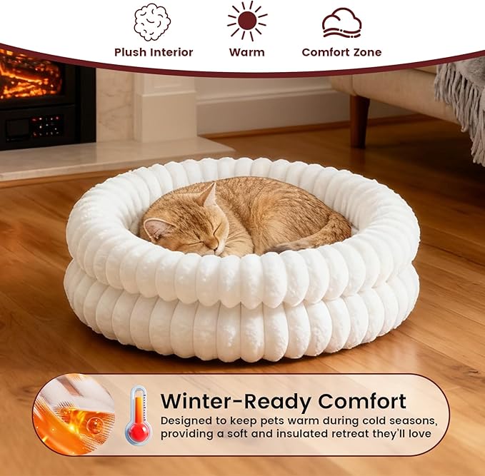 Extra Large Fluffy Cat Beds for Indoor Cats, Washable Round Orthopedic Dog Bed for Small Medium Dogs, Soft Fuzzy Pet Bed with Non-Slip Bottom, Cute Kitten Bed, 27.6x27.6x6.3 in, White