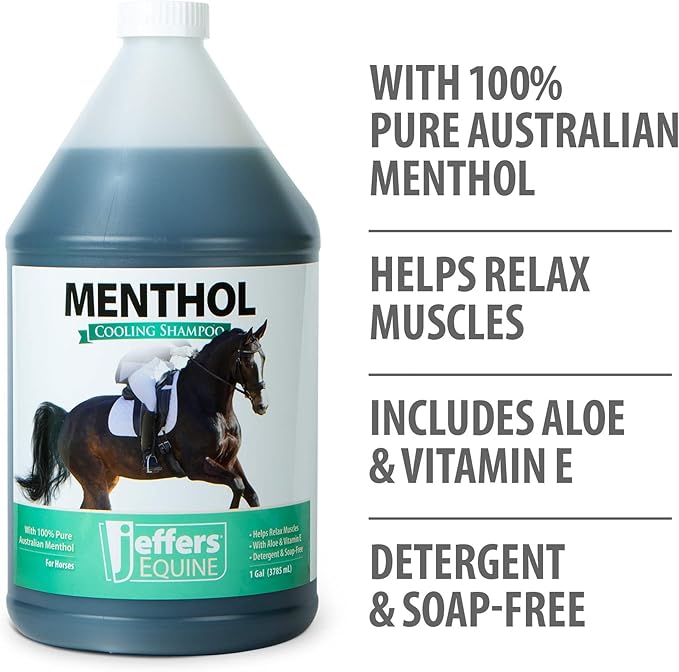 Jeffers Equine Menthol Cooling Horse Shampoo 1 Gallon - 100% Pure Australian Menthol, Coconut Oil, Aloe & Vitamin E - Moisturizing, Deep Cleansing, Gentle Grooming Shampoo for Horses