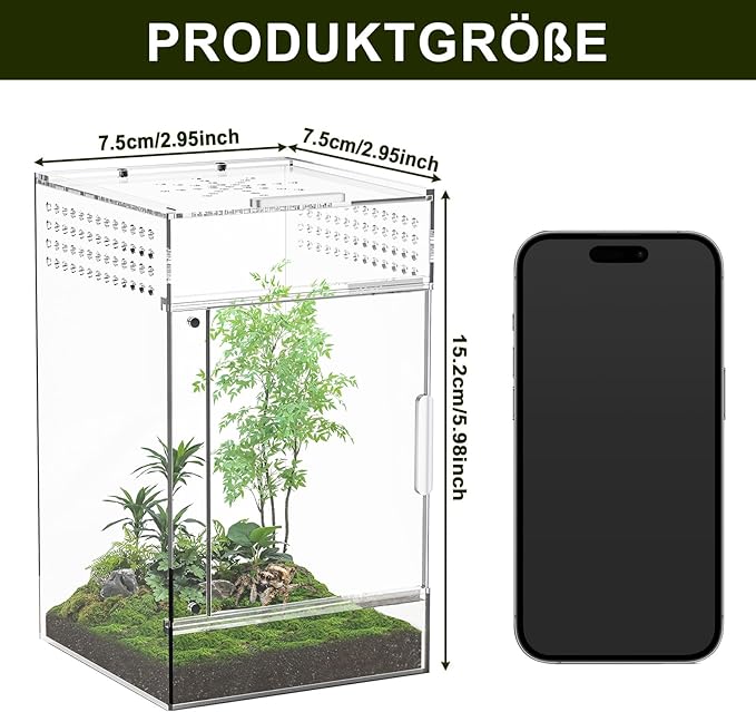 Jumping Spider Enclosure, One-Piece Fully Transparent Acrylic Reptile Enclosure, 3x3x6 inch Terrarium for Tree Frogs, Tarantulas, Mantises, Jumping Spiders