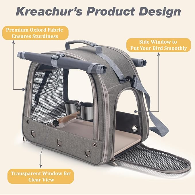 Bird Carrier Parrot Travel Cage with Perch, Food Bowl, Tray and Breathable Clear Window, Bird Travel Bag for African Gray Cockatiel Caique Conure Quaker, for Vetting Camping Hiking (Gray)