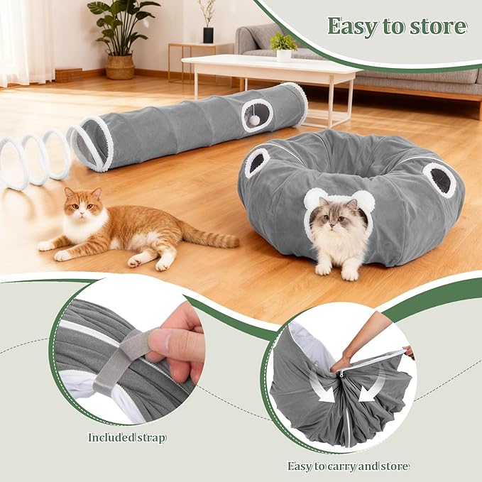 Ownpets 2-in-1 Cat Tunnel, Large Lollipop Shape Cat Tunnel Toy with Fluffy Balls, Spiral Toy, Plush Collapsible Cat Cave Hideout Donut Tunnel for Multi Kitten Puppy Rabbit, Grey