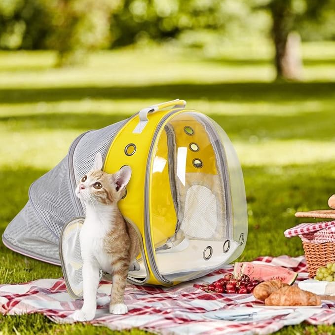 Cat Backpack Carrier Back Expandable Bubble Pet Carrier Backpack for Large Cat, Kitten and Dog, Designed for Hiking, Travelling and Outdoor Use (Back Expandable-Yellow New)