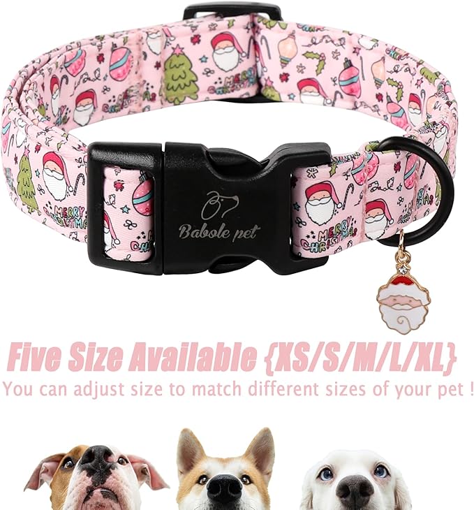 Christmas Dog Collar for Medium Dogs - Cute Santa Print Pink Christmas Collars for Dogs, Soft Adjustable Winter Holiday Dog Collars with Quick Release Buckle M