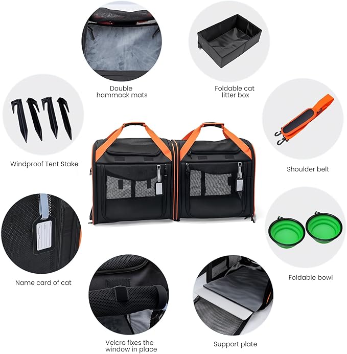 Large Cat Carrier 2-in-1 with Litter Box & Bowl, Portable Cat Carrier Hard for 2 Cats, Double Cat Travel Carrier with Safety Locking Zippers, Ideal for Long Distance Trips, Outdoor Adventures
