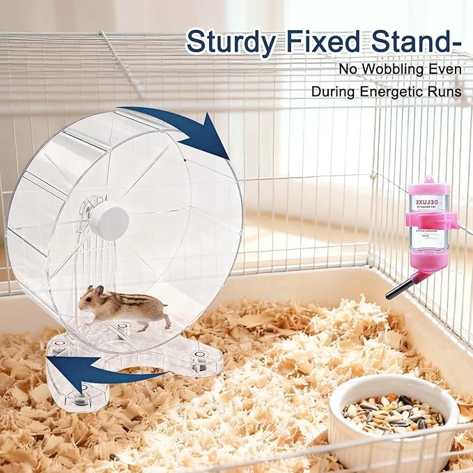 8.7" Super Silent Hamster Wheel with Stand & Water Bottle – Ultra Quiet Exercise Running Wheel for Gerbils, Syrian & Dwarf Hamsters, Chinchillas, Small Pets – Noiseless Spinning Design, Clear