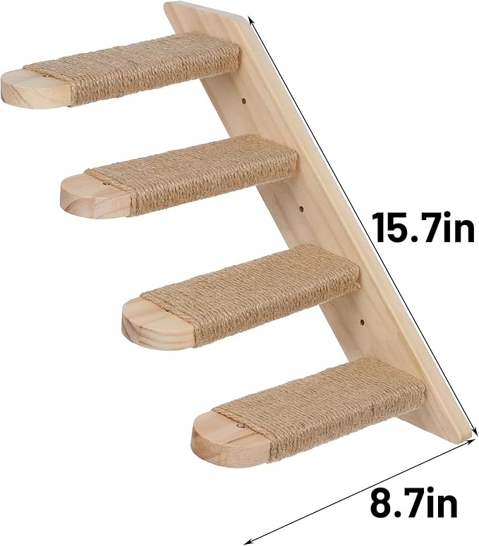 2 Pack 4 Steps Cat Wall Shelves, Wood Wall Mounted Stairs with Sisal Rope, Cat Climber/Ladder Furniture Climbing Shelves for Pet Perch & Play