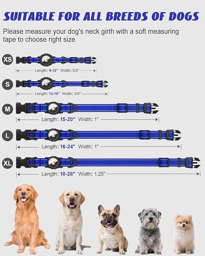 Joytale Airtag Dog Collar, Reflective Pet Collar with Waterproof AirTag Holder, Dual D-Rings, Soft Padded Adjustable for Small Dogs, Navy Blue, S