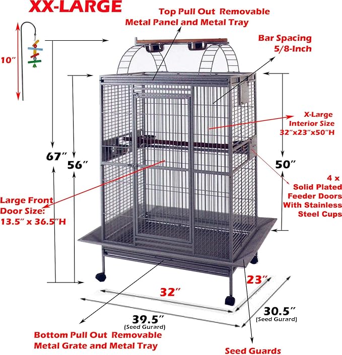 Castle PlayTop Parrot Cage - 32" W x 23" L x 66" H for Large Macaws Cockatoos African Grey Amazon (32" W x 23" L x 66" H, Black Vein)