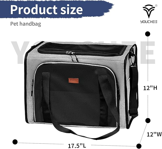 Cat Carrier Dog Carrier, Pet Travel Bag for Cats & Small Dogs up to 15 lbs, Washable Soft Sided Collapsible Airline Approved Puppy Carrier, 17.5"x12"x12. (Light Gray)