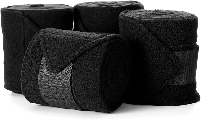 Equinavia Luna 9' Fleece Polo Wraps, Set of 4 Horse Leg Bandages with Storage Bag | Black - One Size - Black - One Size