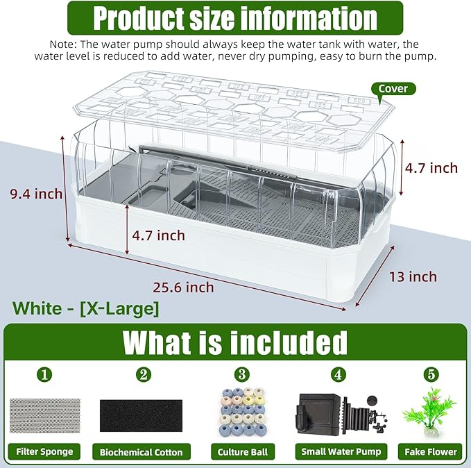 Turtle Habitat Spacious Turtle Tank Kit with Rain Shower Filter SPA & Easy Drain - Perfect for Baby Turtles, Red Eared Sliders Tortoises White, 25.6×9.4×13 Inch