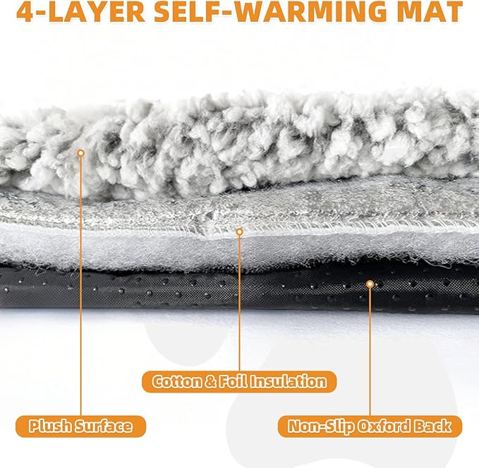 KOOLTAIL Self Warming Cat Bed, 4 Pack 16*20in Plush Extra Warm Self Heating Pet Pad for Crate, Floor, Indoor Outdoor, Non-Slip Upgraded Thermal Foil Puppy Kitten Mat with Removable Washable Cover,Grey