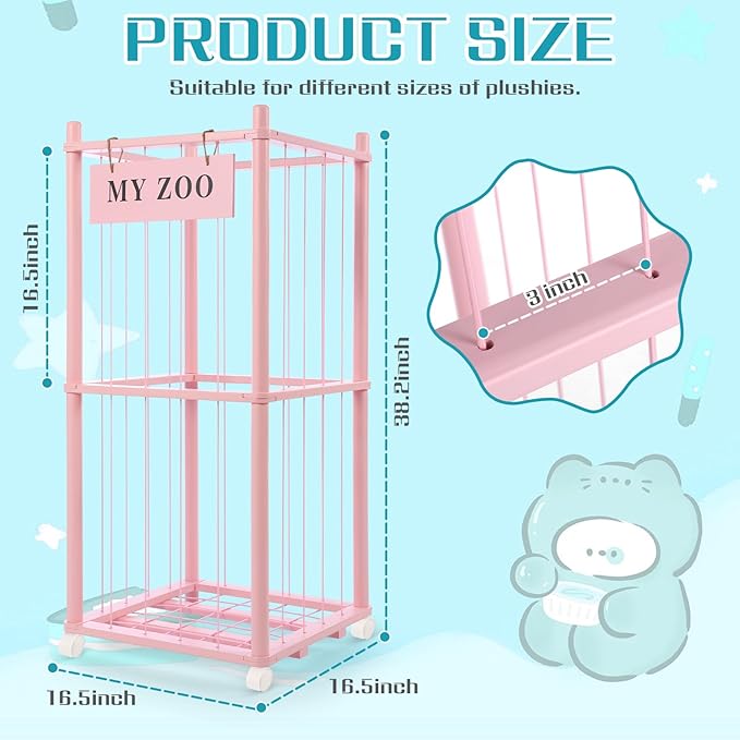 Stuffed Animal Storage Zoo with Wheels, Wooden Stuffed Animal Organizer with Elastic Cords, Space Saving Toy Plushies Storage Holder for Playroom, Bedroom, Living Room(Pink, Small)