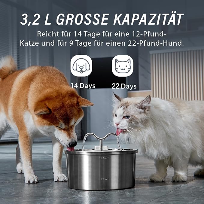 DOOOB Cat Water Fountain, 3.2L/108OZ Stainless Steel Pet Water Dispenser Automatic Metal Dog Drinking Fountains Water Bowl with 8 Filters & 8 Sponges and Ultra-Quiet Pump