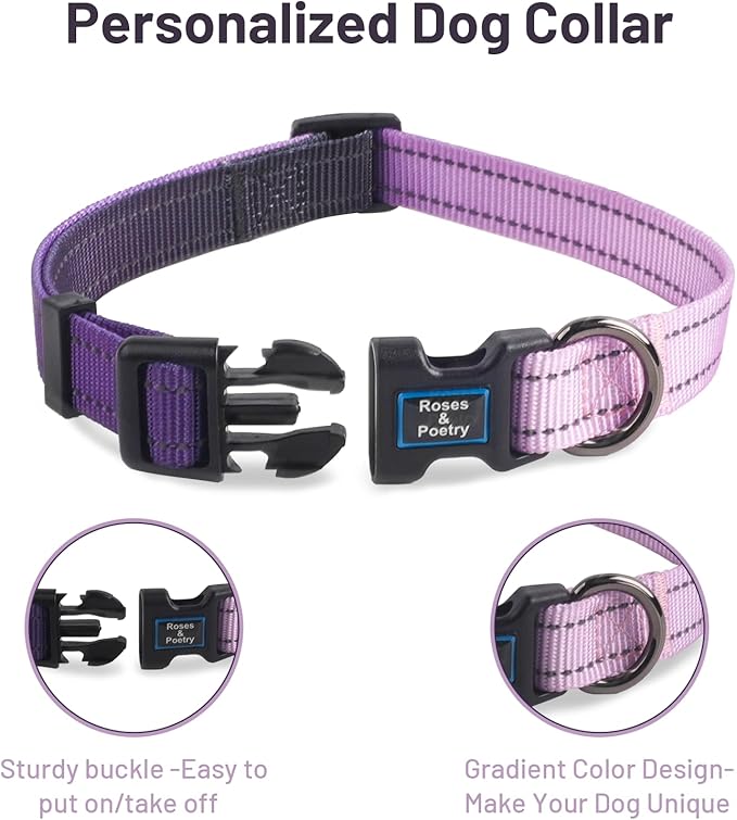 Roses&Poetry Dog Collars for Medium Dogs, Adjustable Durable Pet Reflective Dog Collar for Small Medium Large Dogs(Lightpurple-M)