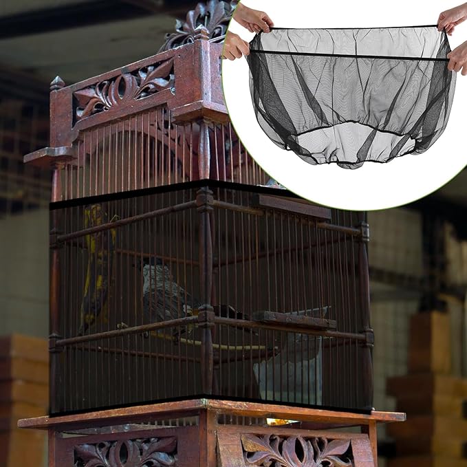 Bird Cage Seed Catcher, Bird Cage Net, Large Stretchy Form Fitting Mesh Skirt Cover, Adjustable Soft Airy Nylon Mesh Net, Birdcage Cover Skirt Seed Guard for Parrot Parakeet Macaw (Black)