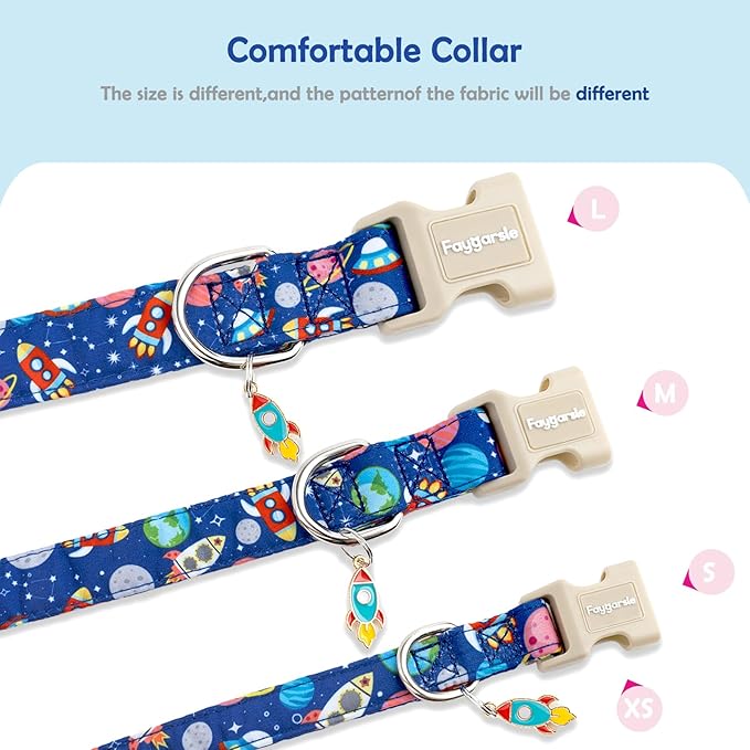 Faygarsle Space Theme Dog Collar, Navy Blue with Rockets and Planets Pattern for Summer Small Medium Large Dogs S