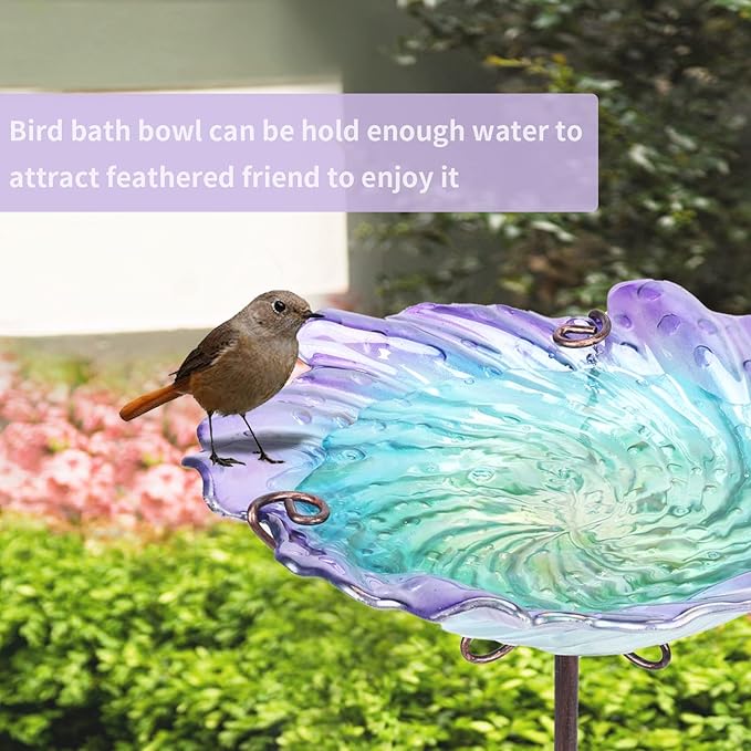 MUMTOP Glass Bird Baths for Outdoors, Garden Bird Bath Bowl with Metal Stake Birdbaths for Outside Yard Outdoor, Purple