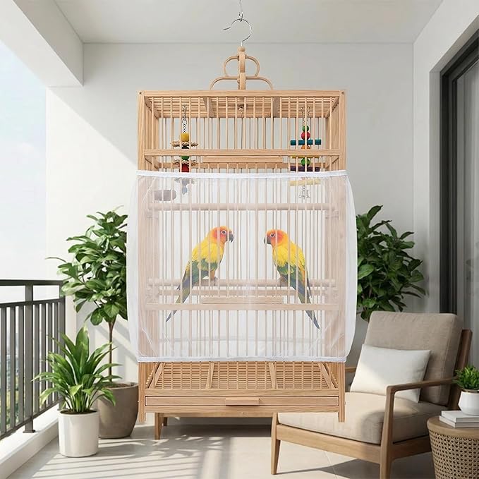 Bird Cage Seed Catcher, Adjustable White Bird Cage Net Birdcage Cover Skirt Nylon Mesh Netting, Stretchy Birds Cages Guard for Parrot Parakeet Macaw African Any Cages Cover