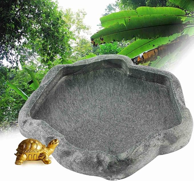 Reptile Bowl, Resin Rock Reptile Food and Water Feeder Pet Aquarium Ornament Terrarium Dish Plate for Tortoise Lizard Iguana(Dark Green S)