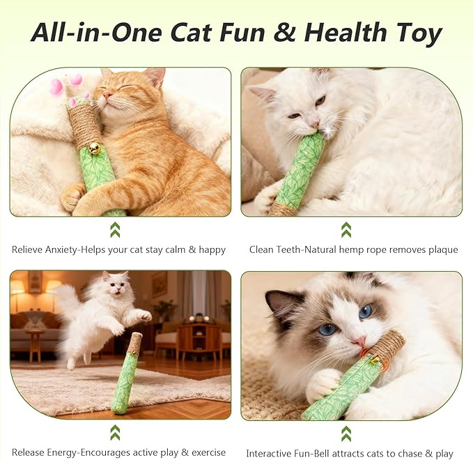 3 Pack Catnip Toys for Cats, Funny Cat Toys with Dental Rope & Fun Bell,100% Pure Organic Catnip Toys,Bite-Resistant Kitten Teething Chew Toys,Anxiety Relief Kicker Toys for Indoor Cats