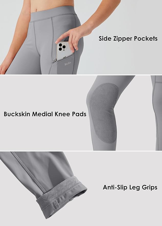 Willit Girls Horse Riding Pants Tights Kids Equestrian Breeches Knee-Patch Youth Schooling Tights Zipper Pockets