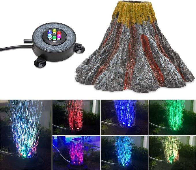 Aquarium Volcano Decoration Set Fish Tank Bubble Decorations, Air Stone with Air Pump, Aquarium Ambient Light with 6 LEDs, Bubble Stone Bubbler Volcano Shape Set