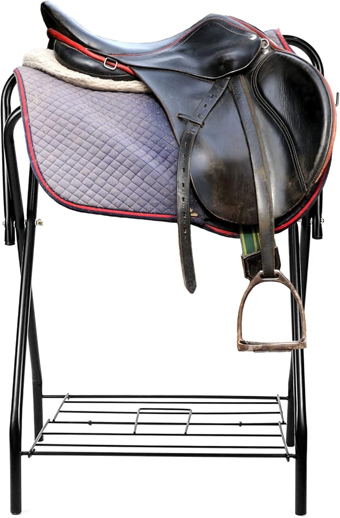 QWORK Freestanding Portable Saddle Rack, Powder Coated Frame Standing Holder, Saddle Strong Tubular Steel 24" L x 19" W x 35" H