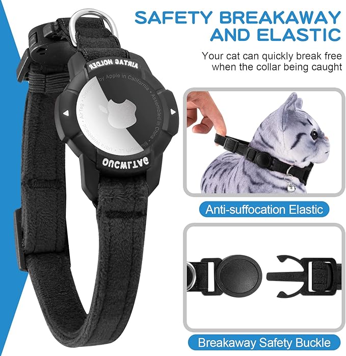 Luminous AirTag Cat Collar Breakaway, OUCWLTAG GPS Cat Collar with Apple Air Tag Holder, Cat Tracker Collars with Safety Elastic Band for Girl Boy Cats, Kittens and Puppies (Black, 9-13 Inch)