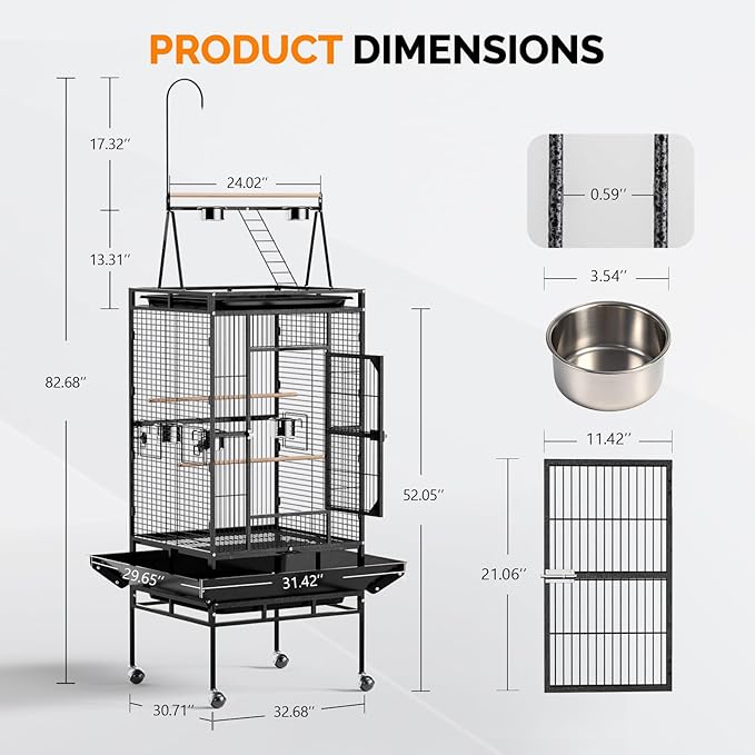 VINGLI Bird Cage, 83 Inch Wrought Iron Bird Cage with Play Top, Rolling Parakeet Cage for Cockatiels Lovebird Finches Canaries