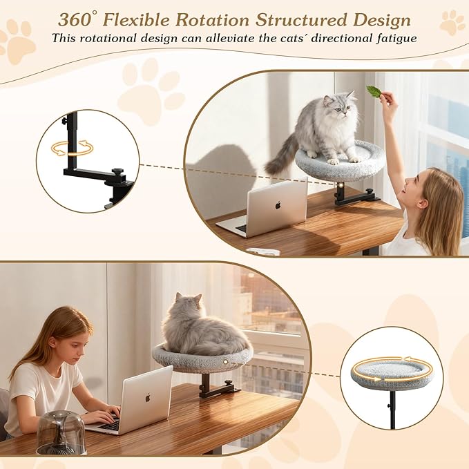 Cat Bed for Desk with Adjustable Height & 360 Rotation Elevated, Heavy-Duty Cat Desk Bed for Small Space, Soft & Comfortable Modern Unique Kitten Furniture, Indoor Cats Up to 60 lbs (Gray)