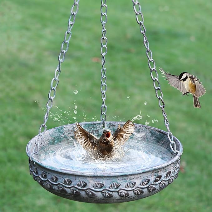 Hanging Bird Bath Hanging Bird Feeder - Metal BirdBath Bowl Birdfeeder Tray for Garden Backyard Patio and Deck-Retro Green