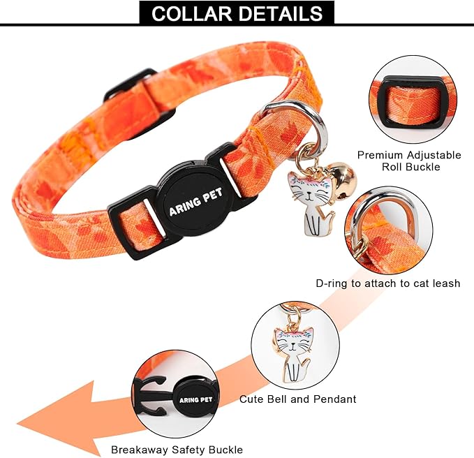 ARING PET 2 Pack Fall Cat Collars-Cute Cat Collar Breakaway with Bell & Pendant, Adjustable Fall&Halloween Kitten Collars with Safety Buckle for Girl and Boy Cats