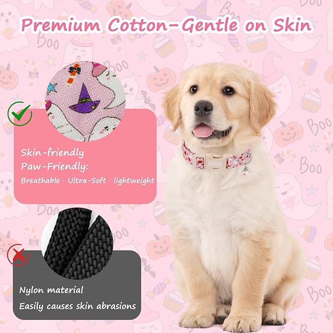 Halloween Dog Collar, Fall Dog Collars for Large Dogs, Cute Pink Puppy Collar with Adorable Ghost & Pumpkin Design, Soft Cotton Large Dog Collars Girl Boy Dog Collar-L