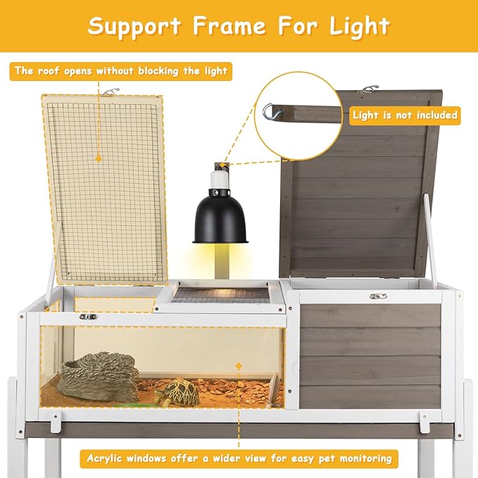 PetsCosset Tortoise Habitat Wooden Tortoise House, Indoor Turtle Enclosure Outdoor Reptile Cage with Removable Bottom, Light Support, Openable Roof (Tall Tortoise Habitat, Leakproof Tray)
