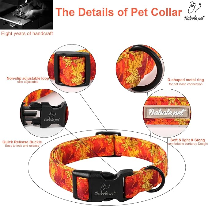 Fall Dog Collar, Gold Maple Leaves Pattern Fall Thansgiving Puppy Collar, Soft Adjustable Cotton Holiday Dog Collars for Small Medium Large Boy&Girl Dogs M