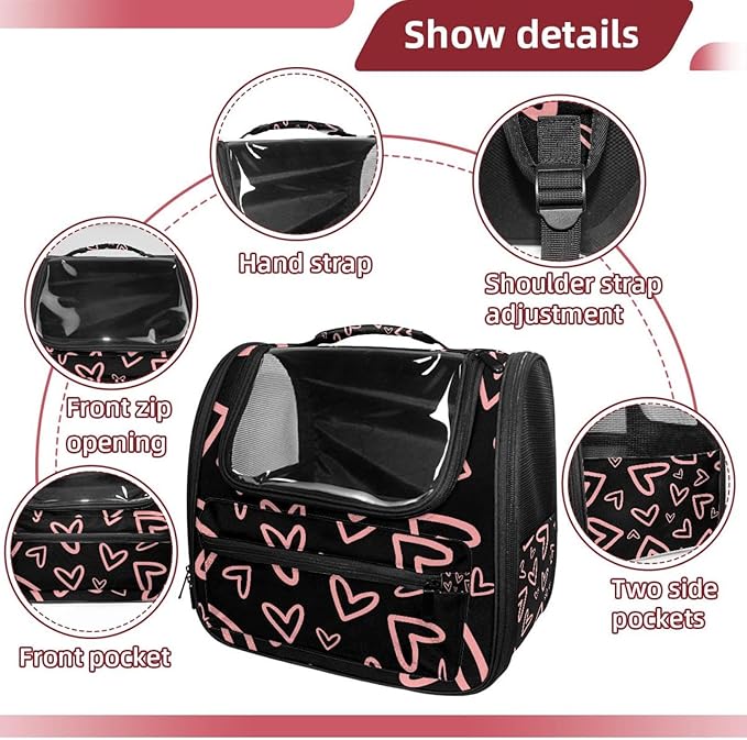Portable Travel pet Backpack Carrier Hamster Bag Small Dog cat Carrier Breathable Hang Bag, Pink Hearts