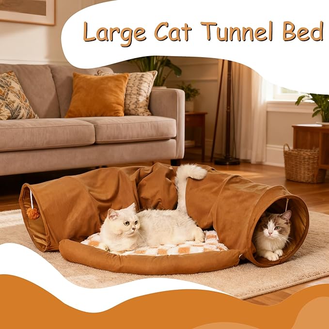 Large Cat Tunnel Bed for Indoor Cats, Peekaboo Cat Cave with Detachable & Washable Design, Scratch-Resistant Donut Bed for Multiple & Large Cats (Beige Plaid)