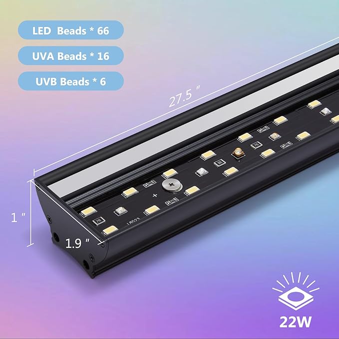 27-INCH LED UVB Light for Reptiles, LED Reptile Light Fixture Controller with Dimming and 4 UVI Modes, 22W Aluminum UVA UVB Lamp for Turtles, Snakes, and Bearded Dragons, 6500K