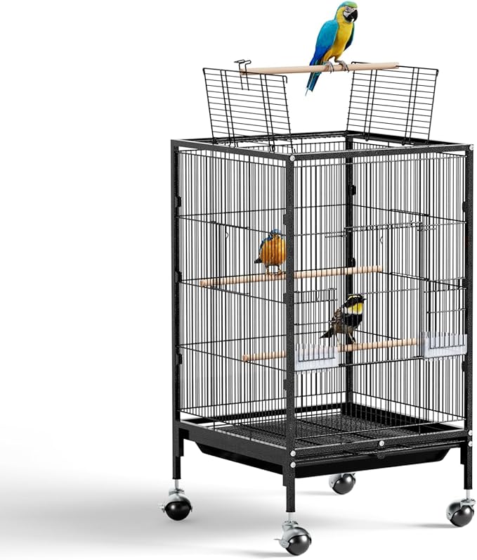 VINGLI Bird Cage with Wheels, 38-Inch Open Top Wrought Iron Bird Cage, Rolling Parakeet Cage for Cockatiels Lovebird Finches Canaries