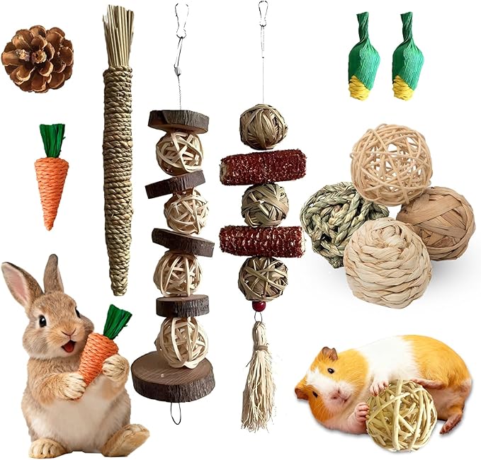 Rabbit Toys Bunny chew/Guinea Pig Toys Natural Timothy Hay Sticks Apple Wood Sticks Handmade for Guinea Pig Hamster Rat Chinchilla (TOY-1-11)