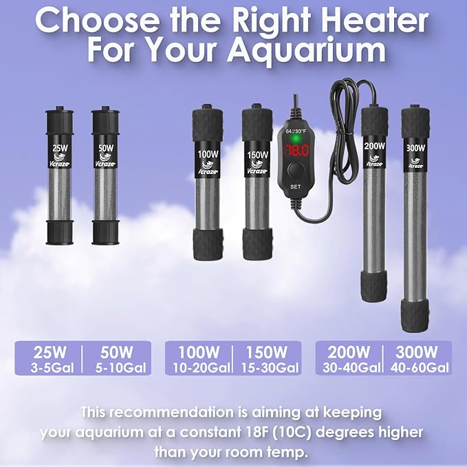 Super Compact 150W Fish Tank Heater, Submersible Aquarium Heater with LED Digital Display Thermostat, Adjustable Fish Heater for 15-30 Gallon Tanks