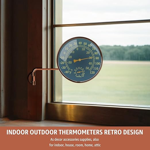 6-Inch Outdoor Thermometer and Humidity Gauge, Window Thermometer for Outside Temperature and Humidity Monitor, Brass Analog Dial, Battery-Free for Patio, Garage, Greenhouse, Garden, Wall