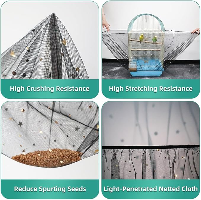 Bird Cage Seed Catcher, Seed Catcher Guard Net Cover, Parrot Nylon Mesh Net Cover, Universal Soft Airy Cage Net Stretchy Skirt for Round Square Cages (Star-Black, 15.7" x87")